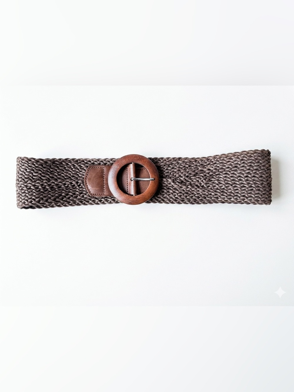 Old Navy Brown Woven Belt with Leather & Wooden Buckle